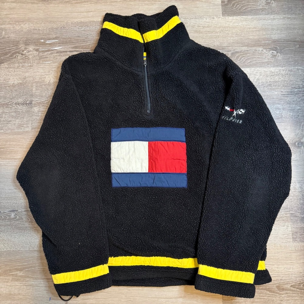Vintage Tommy Jeans Racing Sherpa Fleece Quarter Zip Pullover Black Yellow XXL